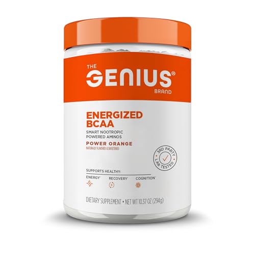Genius BCAA Powder - 5g Vegan BCAAs L-Glutamine, Cognizin & Rhodiola Muscle Recovery Energy Support 100mg Caffeine Pre, Intra, Post-Workout Nootropic Supplement for Focus & Performance - Orange