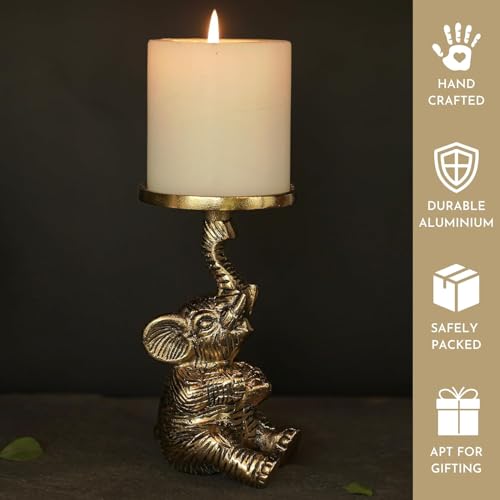 Image of BEHOMA Baby Elephant Candle Holder with Jasmine Scented Candle Jar | Handcrafted Gold Aluminum Gift Set with Natural Wax Candle for Home Decor, Housewarming, Christmas & Wedding Gifts