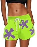 Womens Halloween Funny Beach Shorts Drawstring Patrick Purple Star Elastic Waistband Boardshort Green XL