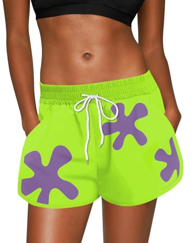 Halloween Beach Shorts Sports Patrick Purple Star Swimming Trunks Drawstring Green for Women L