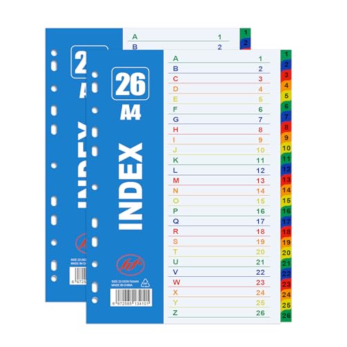AMFUN Juego de 2 Separadores para Carpetas A4, 26 Divisiones con de Plástico de Colores, Resistentes, para Archivadores y Organización Escolar y Oficina