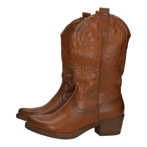 ZAPATOP U8A-AX8320-2 Botas Cowboy Mujer Diseño Bordado Imitación Piel Botas con Cremallera Tacón 5 cm Mujer Moda Viejo Oeste Mujer Botas Camel 38
