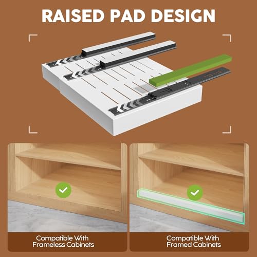 4Pack Expandable Pull Out Cabinet Organizer 21"Deep with Raising Pad for Framed Cabinets,Slide Out Drawers with 4pcs Divider Racks,Roll Out Shelves Adhesive,Adjustable Width 12.05"-20.4"White