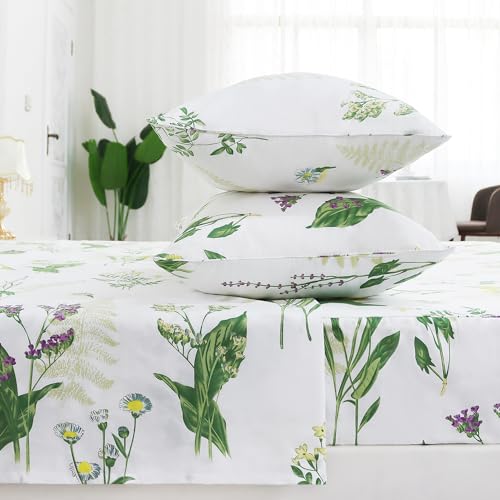 GIGBEI Cotton floral sheets, floral bedding, deep pocket sheet set, botanical print pillowcases, shabby chic sheets, cal king size sheets, soft cotton fitted sheet, adjustable