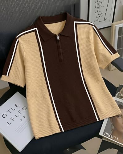 Image of AUSK Men's Textured Vertical Striped Knit Polo T-Shirt | Half Sleeve Zipper Neck Self-Design Casual Tee | Mens Tshirts