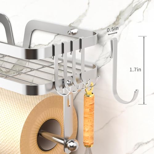 Image of Taozun Paper Towel Holder with Shelf, Kitchen Paper Holder Wall Mount Spice Rack Paper Towel Roll Holder with 4 Hooks (2 Installation Methods - Self-Adhesive and Drilling), Silver