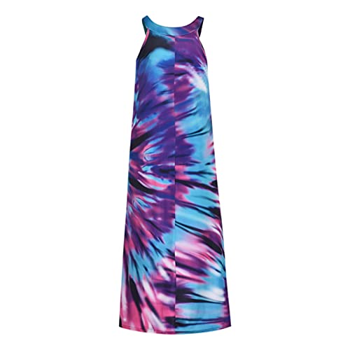 Ganfancp Casual Summer Maxi Dress For Women,Beach Round Neck Sleeveless Boho Tie-Dye Dress Plus Size Loose Long Strap Dress #TOP4
