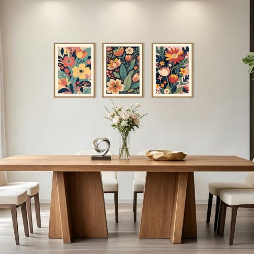 Image of KAIRNE Vintage Colorful Floral Framed Canvas Wall Art Set,Mid Century Modern Flower Wall Decor,Retro Wildflower Art Prints,Boho Botanical Artwork for Living Room,Bedroom,Farmhouse,Office-12 x16 x3