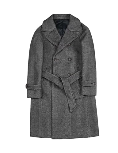 ONAXTDA Men's Herringbone Heavyweight Tweed Overcoat with Belt Double Breasted Knee-Length Pea Coat