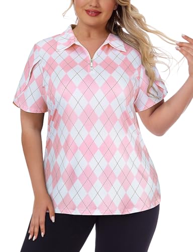Tanst Sky Plus Size Golf Apparel For Women, Ladies Loose Fit Polo Shirts 3X Upf 50+ Short Tulip Sleeve 1/4 Zip Athletic Tops Workout Tennis Pickle Ball Quick Dry T Shirt Hiking Clothes Argyle Pink 3X