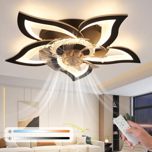 Homefire LED Ventilador de Techo con Iluminación - 48W Negro Luz de Techo con Ventilador Silencioso Mando a Distancia Regulable 3 Temperaturas de Color Temporizador de 6 Velocidades para Comedor