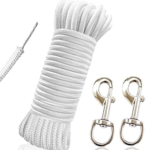 RUSON 50 Feet 5/16 Inch Wire Center Flag Pole Rope and Clips Kit, White Braided Polyester Halyard Steel Center Flag Rope with 2 Pcs 3.5" Flag Swivel Snap Hooks