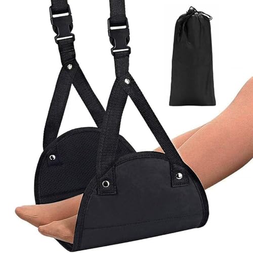 Black Airplane Footrest Portable Adjustable with Breathable Mesh Foot Hammock for Flight Airplane Foot Rest for Office Use Leg Rest Provides Relaxation and Comfortable(with Storage Bag)