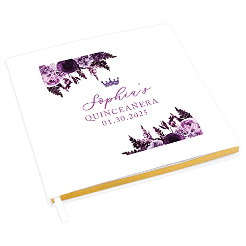 Andaz Press Personalized Quinceañera Guest Book with Gold Accents, Purple Florals 120 Pages 8.5"x8.5" Hard Cover Custom Photo Album for Mis Quince Años Sweet 15 XV, 15th Birthday Decorations, 1-Pack -  Koyal Wholesale, A3PP08825