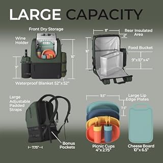 Fern & Soul Picnic Backpack for 4 - Stylish Insulated Picnic Basket Set with Blanket, Wine Cooler Bag, Unbreakable Dinnerware Set Made to Last - Engagement Gifts for Couples, Family, Beach, Camping