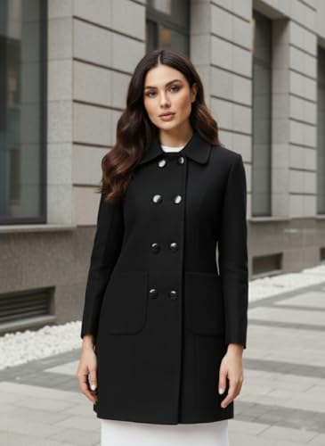 Image of CHKOKKO Women Classic Long Winter Coat Double Breasted | Knee Length Design with a Sophisticated Spread Collar and Convenient Front Pockets for All Occasions