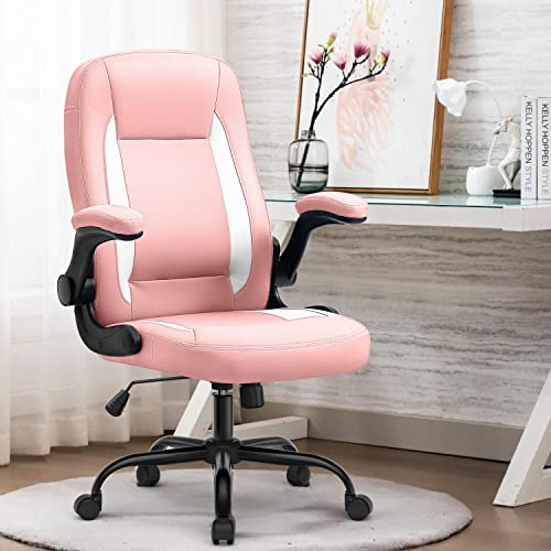 Pink Desk Chair Ergonomic Office Chair Lumbar Support Desk Chairs With Wheels And Flip-Up Armrest Adjustable Pu Leather Computer Chair Backward Tilt #TOP20
