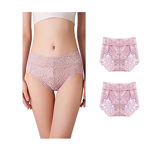 [優億] レディース ショーツ 2枚セット下着 パンツ レース 女性 シームレスショーツ ナイロン 柔らか 通気性 レース美尻パンティー (XL, 中間ウエスト ピンク(２枚セット))のサムネイル