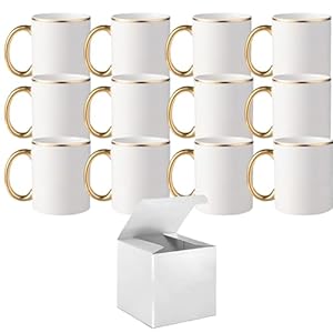 TWISTED ENVY Case of 12 11 oz. GOLD Rim & Handle- Ceramic Sublimation Mugs – Professional Grade Sublimation Mug- Sublimation Series – With Individual White Gift Boxes