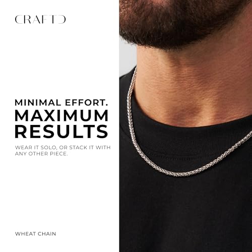 CRAFTD | Silver Wheat Link Chain | Durable Rhodium & 316L Stainless Steel | Waterproof, Heat & Sweat Resistant | Gifts for Men | Men's Jewelry |2