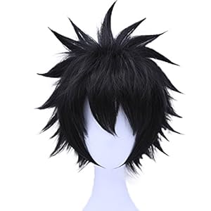 Anogol Hair Cap+ Short Black Wig for Anime Black Cosplay Mens Black Wig, Short Layered Black Cosplay Wig For Halloween Costume Cosplay Wig, Synthetic Hair Full Wigs For Halloween Costume Cosplay Wig