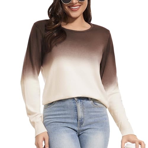 Image of Women's Gradient Color Crew Neck Knit Long Sleeve Soft Loose Casual Sweater Pullover Top Cozy Outfits