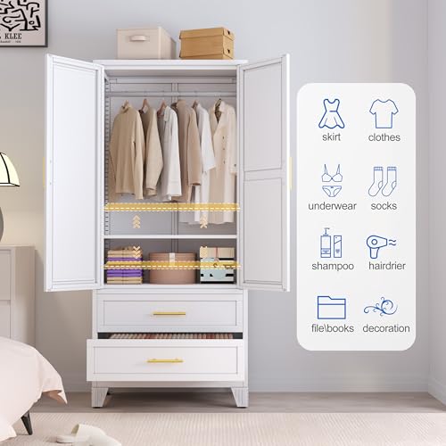 Image of GAIOUS Steel Armoire Wardrobe Closet with Mirror and 2 Drawers 71 inch White