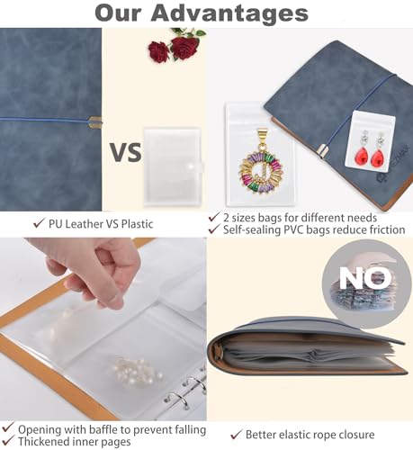 ChezMax Jewelry Organizer, Jewelry Storage Book with Pockets, Foldable Earrings Travel Album, PU Leather Accessories Holder Booklet for Necklace Rings (64 Grids+64 Anti-Oxidation PVC Bags) Haze Blue