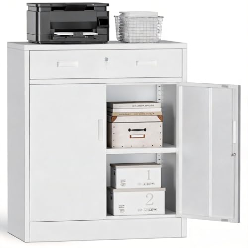 Metal Storage Cabinet with Lockable Drawer and Shelves