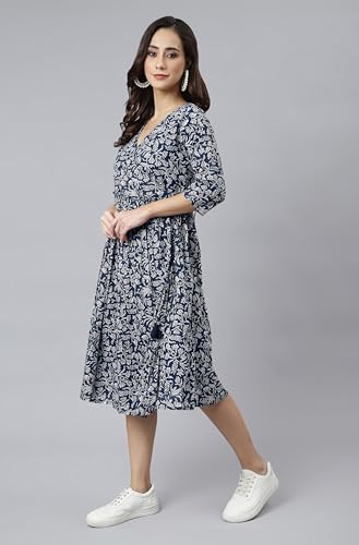 Image of Janasya Women's Cotton Floral Print Angrakha Dress