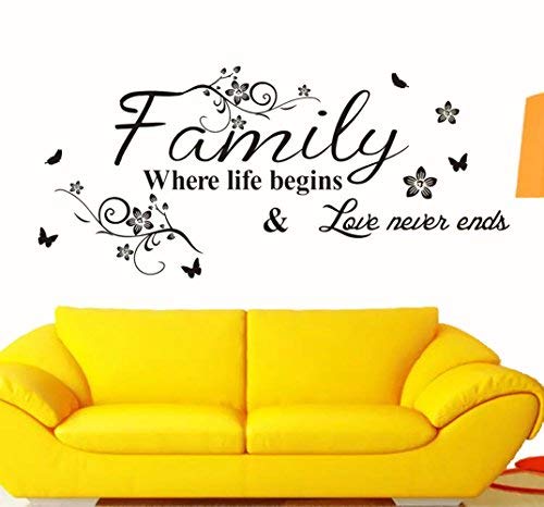 Wall Stickers 'Family Where Life Begins 'Vinyl Wall Decal Words Quote Wall Art Sticker Home Decor For Bedroom Living Room 39.3 X 15.7 In (Black) #TOP2