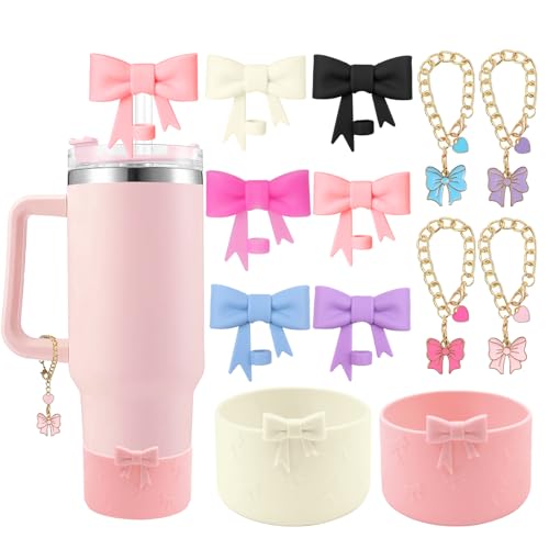 Hpebl Cup Accessories Set for Stanley,Including 6Pcs Cute Bow Straw Cover Caps 10mm Reusable Straw Toppers,2Pcs Silicone Boot Sleeve and 4Pcs Handle Charm for Stanley Tumbler 30&40oz, Colorful