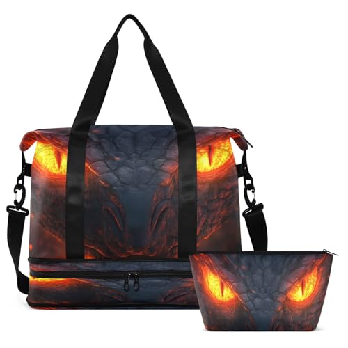 Angry Dragon Eyes Fire Gym Bag for Women Sport Travel Duffel Bag Shoulder Weekender Overnight Bags with Wet Pocket & Shoe Compartment2