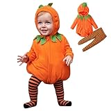 Disfraz Halloween Bebe, Disfraz Calabaza Bebe, Lindos Disfraces Halloween para Niña y Niño, Body + Leotardos Rayas, Regalos Traje Calabaza Bebé 2 Piezas para Recien Nacido de 0-24 Meses