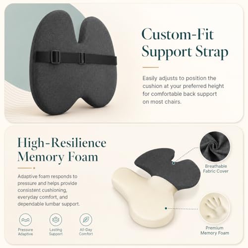 Image of JAMES STOKES Lumbar Support Pillow for Office Chair & Car Seat, Memory Foam Back Cushion with Adjustable Strap for Lower Back Pain Relief, Posture Support Backrest for Home, Office, Driving, Grey