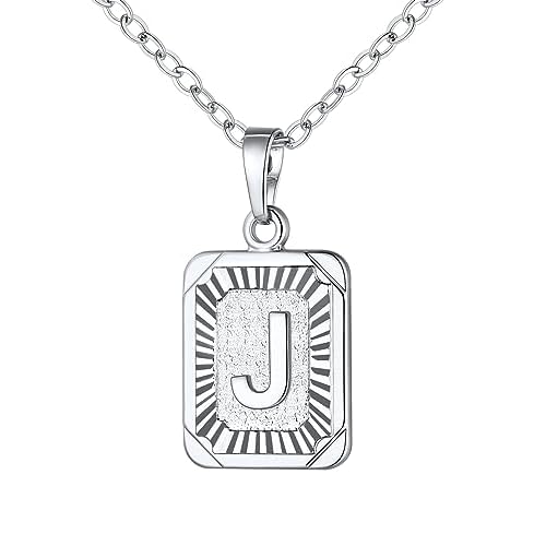 U7 Square Initial Necklace for Women, Gold/Platinum Plated A-Z 26 Letters Pendant Necklace, Large Capital Monogram Retangle Tag Necklace, Resizable Ch