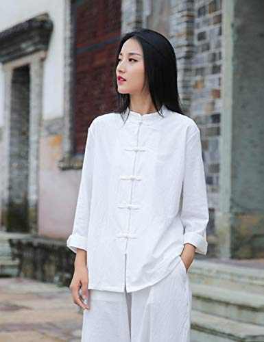Image of Womens Cotton Linen Casual Long Sleeve Loose T-Shirt Tops Button Down Blouse Cardigan Shirts