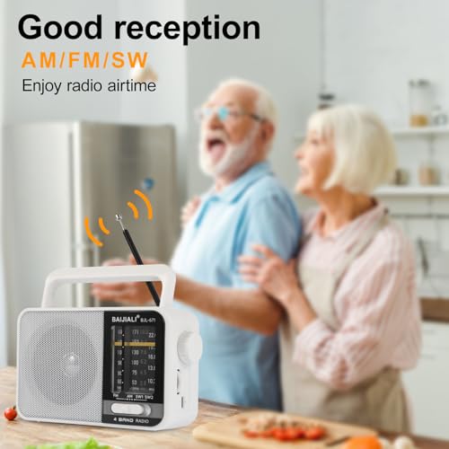 Image of BAIJIALI AM FM SW Portable Radio - Dual Power (Battery /USB) Emergency Receiver with Loudspeaker, Transistor Design for Indoor /Outdoor, Travel & Survival Kit Ready (White, BJL-671)