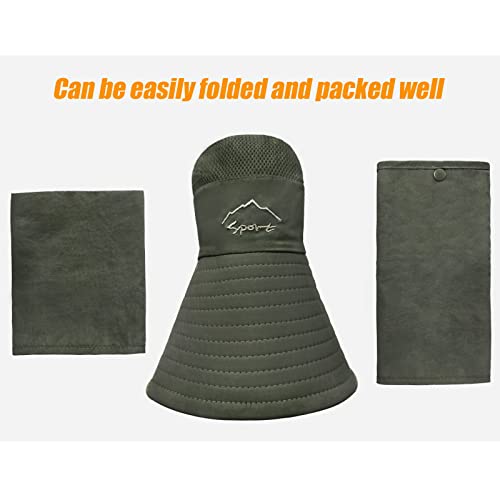 Fishing Hat for Men & Women, Outdoor UV Sun Protection Wide Brim Hat with Face Cover & Neck Flap Army Green - Thumbnail 7