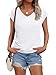 AUTOMET Womens V Neck T Shirts Spring Summer Cap Sleeve Basic Tees Trendy Cute Tops for Work Dressy Casual Beach Vacation White M