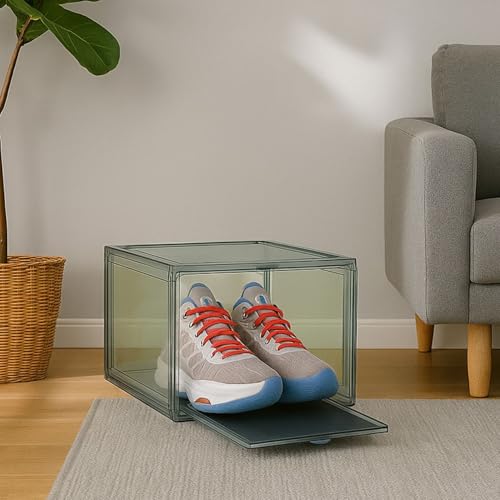 Image of Go Hooked Grey Shoe Box with Magnetic Front Door Stackable Sneaker Display Box & Organizer Pack of 1 - Acrylic Dustproof Shoe Storage Cabinet Transparent Shoe Rack & Sneaker Crate for Home or Display