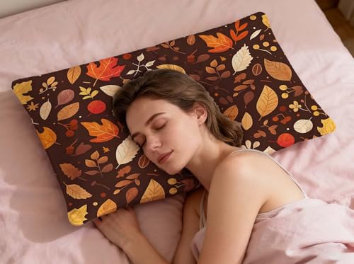 Housse coussin 40x80cm marron velours résistant impression feuille recto verso