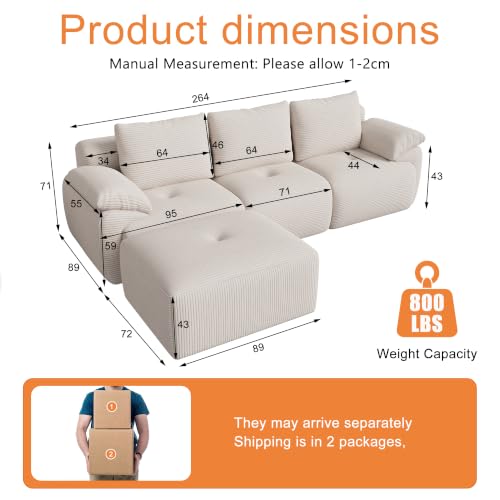 Sofá esquinero modular de pana beige sin montaje que recupera su forma 3