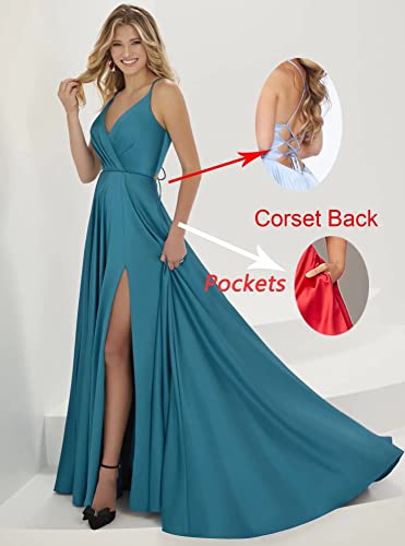 Qqcute Women's Champagne Spaghetti Straps Prom Dress With Slit Long V Neck Satin A Line Formal Evening Party Gown With Pockets(Us6) #TOP3