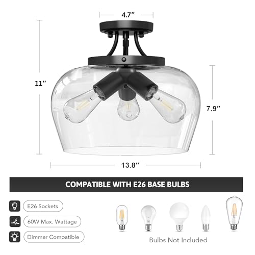 VONLUCE Semi Flush Mount Ceiling Light, 13.8" Ceiling Light Fixture with Clear Glass Shade, E26 Base, 3-Bulb Industrial Lighting Fixture for Hallway Entryway Bedroom, Matte Black, ETL Certificated by VONLUCE - Image 5