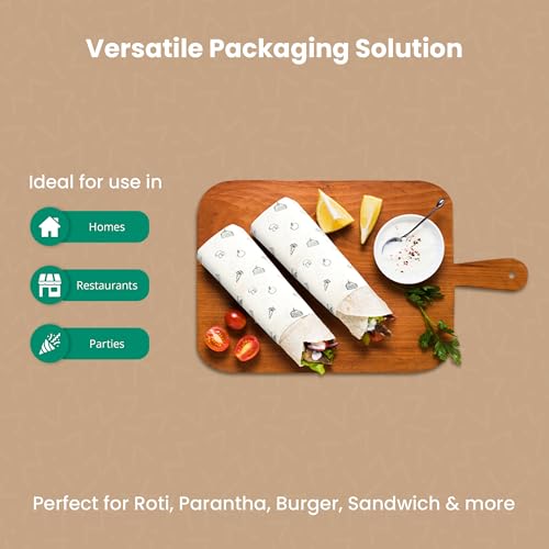 Image of Pack2Eat Roti Wrapping Paper | Multipurpose Food Wrapping Paper | Imported Oilproof, Reusable Wrap for Food | Roti Wrap | Extra Wide 12 inch Food Wrapping Paper with Dispenser (30 Meters) - 100 Pcs