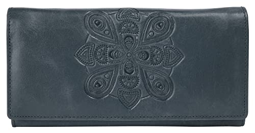 bruno banani große Geldbörse im Querformat Mandala Echt Leder Damen Praktisches Portemonnaie, 12 Kartenfächer, doppelter Druckknopfverschluss, RFID-Schutz blau 021645