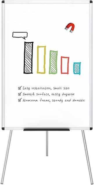 VIZ-PRO Flipchart Easel Whiteboard, Magnetic Portable Dry Wipe Board 90 x 60 cm, Tripod White Board Height Adjustable