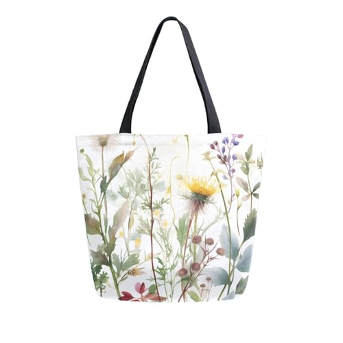 Extra Large Shoulder Tote Bag for Beach Travel Weekender Gym Watercolor Wildflowers Green Leaves Botanical Reusable Grocery Canvas Shopping Bag2