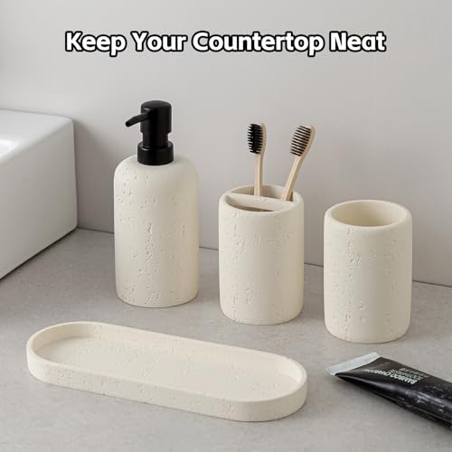 WUUAHOME Bathroom Accessories Set, 4 Piece Travertine Stone Look Collection, Modern Bath Organizer with Soap Dispenser, Toothbrush Holder, Tumbler, Vanity Tray for Countertop Kitchen Sink (Off White) by WUUAHOME - Image 2